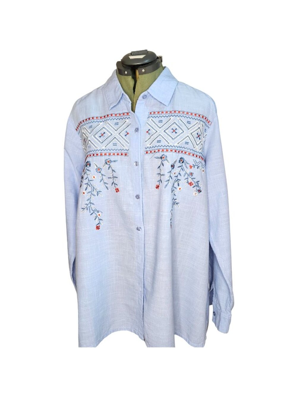Woman's cottagecore western southwest pattern floral button up blouse linen M-L